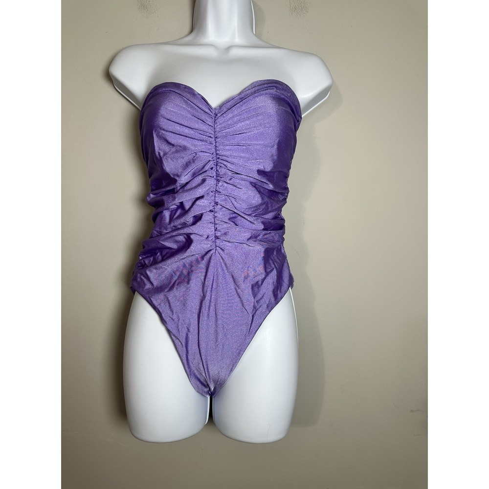 Jade Swim Yara Sheen Ruched High Cut Sweetheart‎ Neckline Lilac Swimsuit Sz L